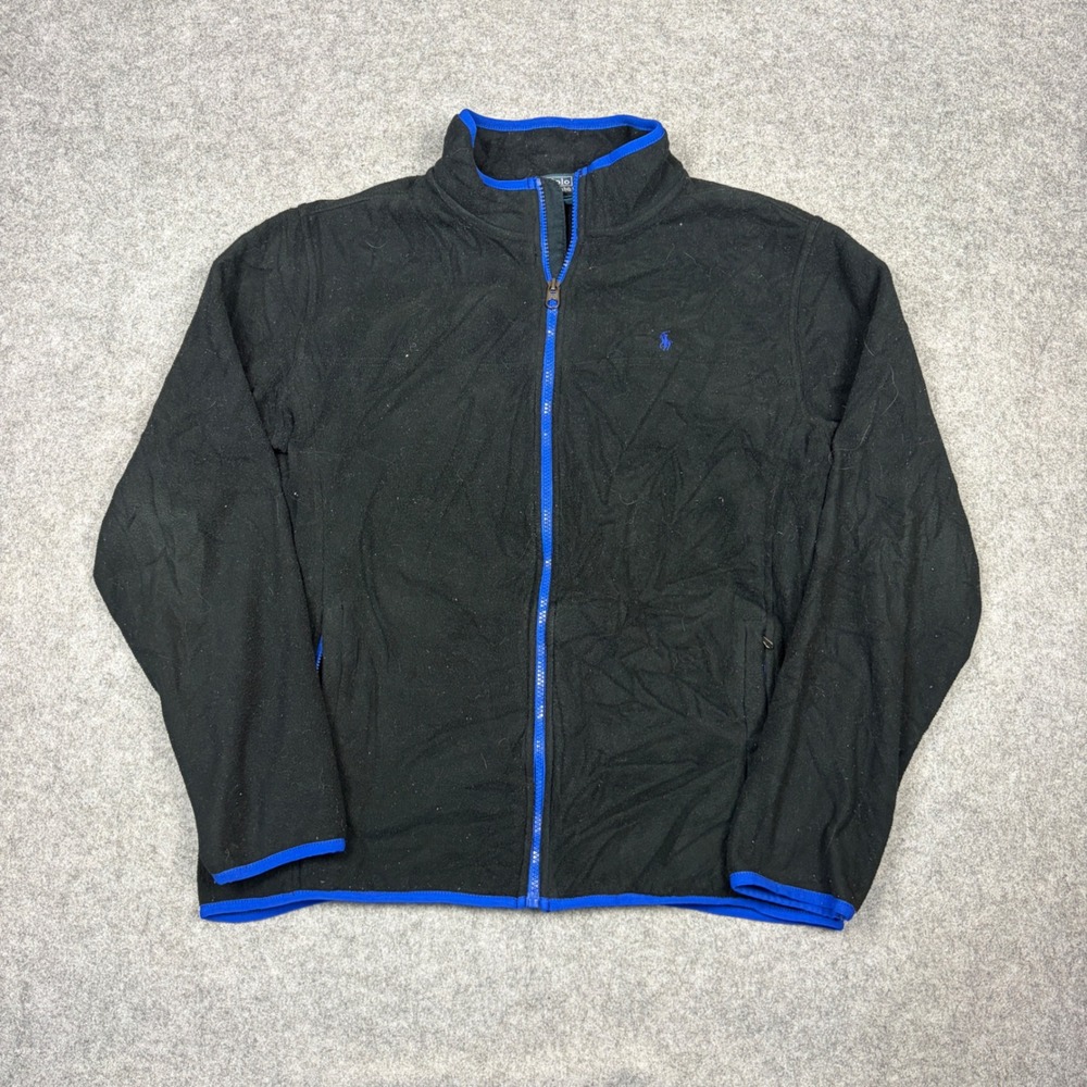 Polo Ralph Lauren Boys XL 18-20 Full Zip Fleece Jacket Black Blue Trim Pony Logo